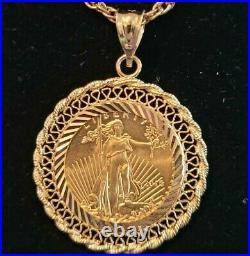 14k Solid Gold Fancy Frame set US $ 5 1/10 oz 22k Gold Coin as Pendant / Charm