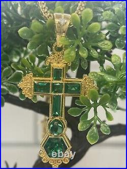 14k Solid Gold Hydro Emerald Cross Pendant