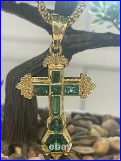 14k Solid Gold Hydro Emerald Cross Pendant