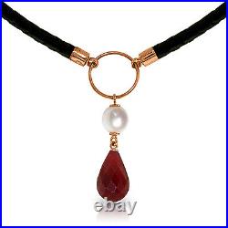 14k. Solid Gold & Leather Necklace With Pearl & Ruby