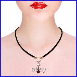 14k. Solid Gold & Leather Necklace With Pearl & Ruby