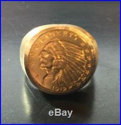 14k Solid Gold Men's Ring with 1912 $2.50 Dollar Gold Indian Coin