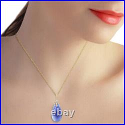 14k. Solid Gold Necklace With Briolette 31x16 MM Deep Blue Chalcedony