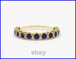 14k Solid Gold Wedding Half Band Ring, Blue Sapphire Stacking Gift For Ring