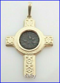 14k Solid Yellow Gold Ancient Coin Detailed Floral Cross Necklace Pendant