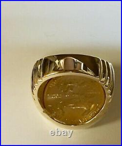 14k Solid Yellow Gold Finish 1/4 OZ American Liberty 20 mm Coin in Men's Ring