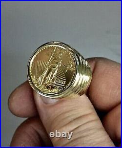 14k Solid Yellow Gold Finish 1/4 OZ American Liberty 20 mm Coin in Men's Ring