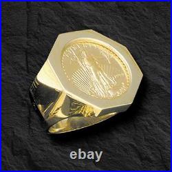 14k Solid Yellow Gold Hexagon Men's Ring for 1/2 OZ US American coin-Mount Only