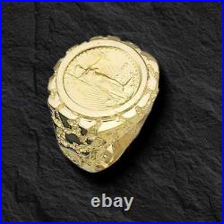 14k Solid Yellow Gold Nugget Mens Ring 22 MM- for 1/10 Oz Coin Mounting only