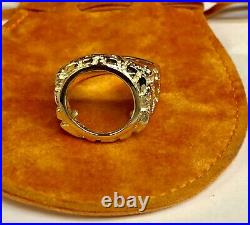 14k Solid Yellow Gold Nugget Mens Ring 22 MM- for 1/10 Oz Coin Mounting only