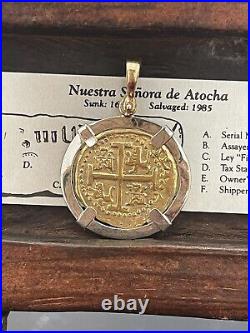 14k Solid gold Atocha coin pendant with 14k Solid White gold Bezel