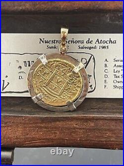 14k Solid gold Atocha coin pendant with 14k Solid White gold Bezel