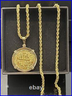 14k Solid gold Atocha coin pendant with 14k Solid gold rope chain 22 Long 2.6mm