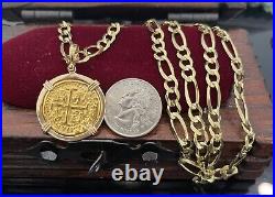 14k Solid gold atocha gold coin pendant with 14k Solid gold Figaro Chain 24long