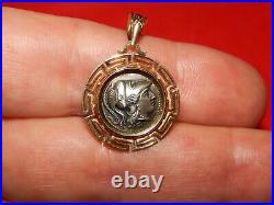 14k Yellow Gold Greek Key Bezel Set Ancient Coin Necklace Pendant 1.2 Inch