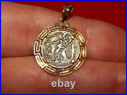 14k Yellow Gold Greek Key Bezel Set Ancient Coin Necklace Pendant 1.2 Inch