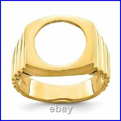 14k Yellow Gold Polished Mens Square Ribbed 13mm Coin Bezel Ring