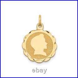14k Yellow Gold Scalloped Coin Pendant Female Silhouette Textured Medallion Char