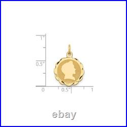 14k Yellow Gold Scalloped Coin Pendant Female Silhouette Textured Medallion Char