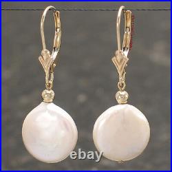 14k Yellow Solid Gold Leverback 12-13mm White Coin Pearl Dangle Earrings TPJ