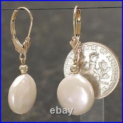 14k Yellow Solid Gold Leverback 12-13mm White Coin Pearl Dangle Earrings TPJ