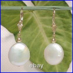 14k Yellow Solid Gold Leverback 12-13mm White Coin Pearl Dangle Earrings TPJ