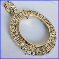 14k solid gold 2 Prong Greek Key 50 pesos Santanario Coin Bezel Frame pendant