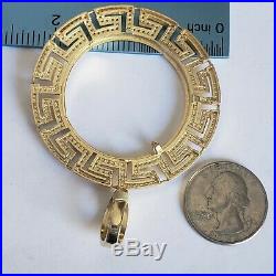 14k solid gold 2 Prong Greek Key 50 pesos Santanario Coin Bezel Frame pendant