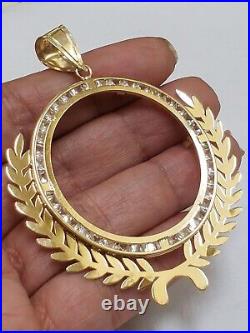 14k solid gold 6 Prong 50 pesos Santanario Coin Bezel Frame pendant leaf cz