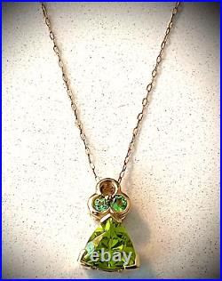 14k solid gold green triangle & clover peridot necklace 10k gold chain TW 2.2 gm