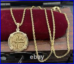 14kt Solid Gold Atocha Coin Pendant With 14k Gold Rope Chain 22 Long 1.8mm