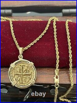 14kt Solid Gold Atocha Coin Pendant With 14k Gold Rope Chain 22 Long 1.8mm