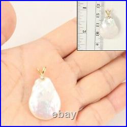 14kt Yellow Solid Gold Rabbit-Ear Bale Diamond Baroque White Coin Pearl Pendant