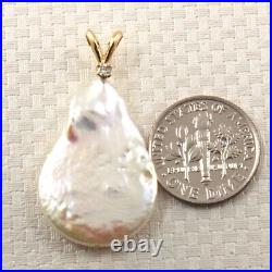 14kt Yellow Solid Gold Rabbit-Ear Bale Diamond Baroque White Coin Pearl Pendant