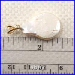 14kt Yellow Solid Gold Rabbit-Ear Bale Diamond Baroque White Coin Pearl Pendant