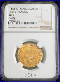 1547, Royal France, Francis I. Beautiful Gold Ecu (with Sun) Coin. NGC MS-61