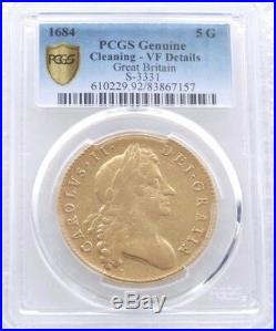 1684 Charles II Second Laur Head Sexto 5 Five Guinea Gold Coin PCGS VF Details