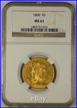 1800 Half Eagle $5 Early US Gold Coin NGC MS-61 Beautiful UNC Example