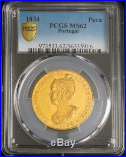 1834, Portugal, Dona Maria II. Beautiful Gold Peca (7500 Reis) Coin. PCGS MS-62