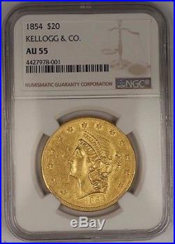 1854 KELLOGG & CO. $20 California Liberty Head Double Eagle Gold Coin NGC AU-55