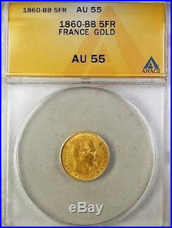1860-BB France 5 Fr Francs Gold Coin ANACS AU-55