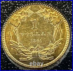 1861 US Civil War Era Gold $1 Coin, Type 3, LG Indian Princess Head Gold Dollar