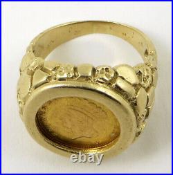 1862 $1 Gold Indian Princess Coin 14k Solid Gold Nugget Ring Size 10 12.53 Grams
