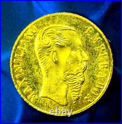 1865-B Mexico Maximiliano Emperador Solid Gold 18K Coin-1/50th of a ounce-AU