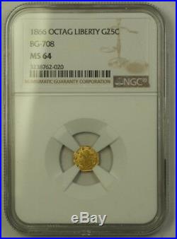 1866 Octagonal Liberty California Gold Quarter 25c Coin BG-708 NGC MS-64