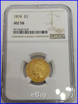 1874 Indian Princess Head $3 Gold Coin NGC AU 50
