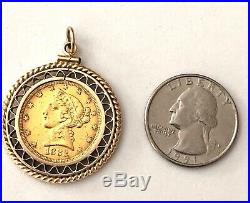 1882- U. S. $5 Liberty Head Gold Coin In Solid 14k Yellow Gold Bezel