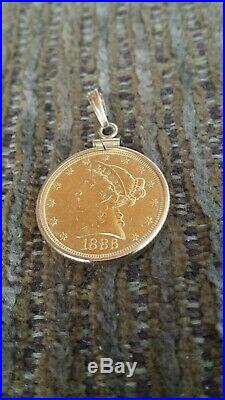 1886 Liberty $5 Gold Coin Pendant With Solid 14k Gold Bezel And Bail