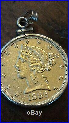 1886 Liberty $5 Gold Coin Pendant With Solid 14k Gold Bezel And Bail