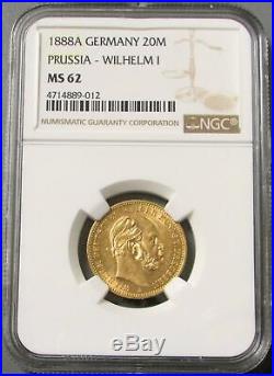 1888 A Gold German State Prussia 20 Mark Wilhelm I Coin Ngc Mint State 62